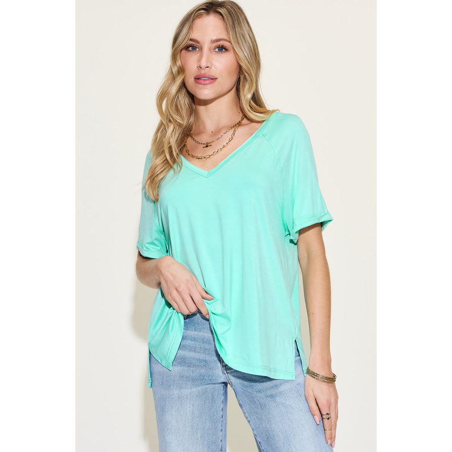 Basic Bae Full Size Bamboo Slit V - Neck Short Sleeve T - Shirt Mint Blue / S Apparel and Accessories