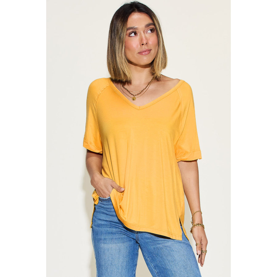 Basic Bae Full Size Bamboo Slit V - Neck Short Sleeve T - Shirt Mustard / S Apparel and Accessories