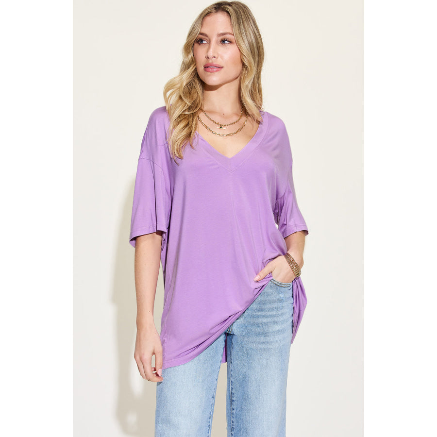 Basic Bae Full Size Bamboo V - Neck Drop Shoulder T - Shirt Apparel and Accessories
