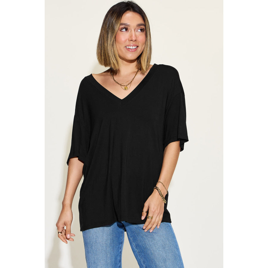 Basic Bae Full Size Bamboo V - Neck Drop Shoulder T - Shirt Black / S Apparel and Accessories