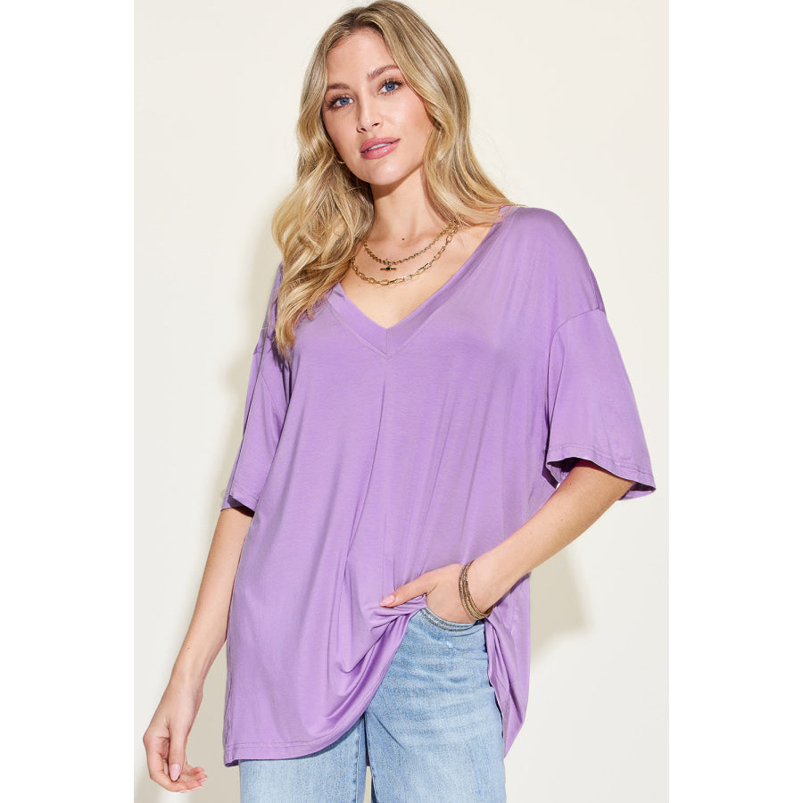 Basic Bae Full Size Bamboo V - Neck Drop Shoulder T - Shirt Lilac / S Apparel and Accessories