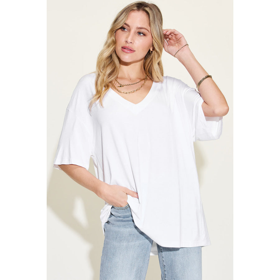 Basic Bae Full Size Bamboo V - Neck Drop Shoulder T - Shirt White / S Apparel and Accessories