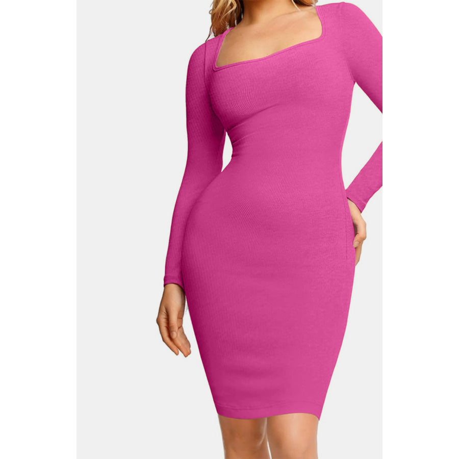 Basic Bae Full Size Built-In Shapewear Square Neck Long Sleeve Dress Apparel and Accessories