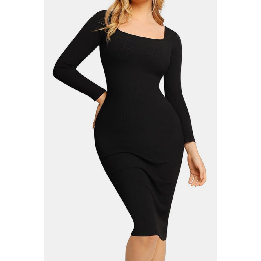 Basic Bae Full Size Built-In Shapewear Square Neck Long Sleeve Dress Apparel and Accessories