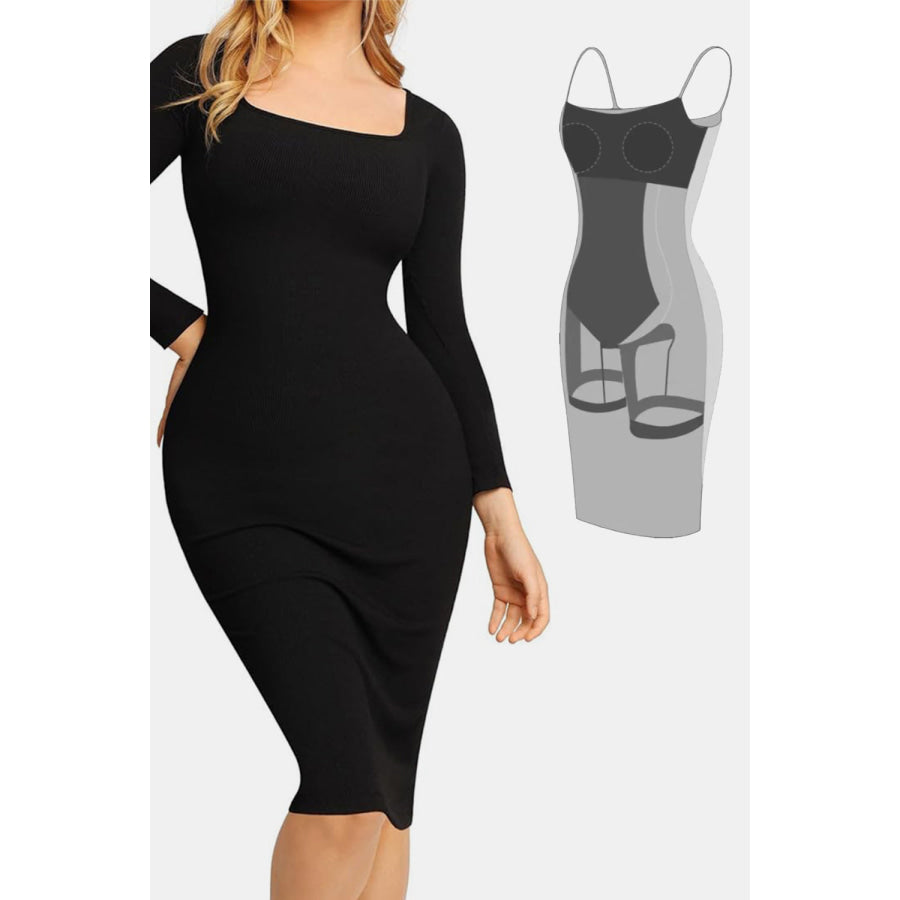 Basic Bae Full Size Built-In Shapewear Square Neck Long Sleeve Dress Black / S Apparel and Accessories