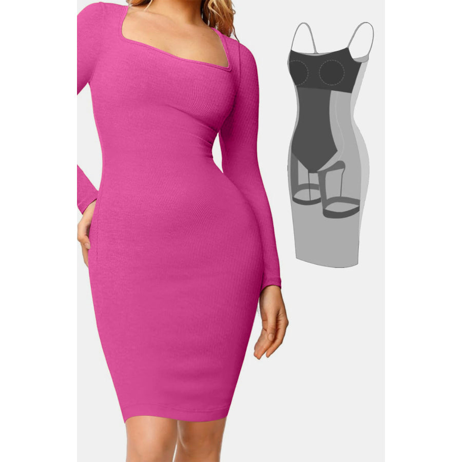 Basic Bae Full Size Built-In Shapewear Square Neck Long Sleeve Dress Fuchsia Pink / S Apparel and Accessories