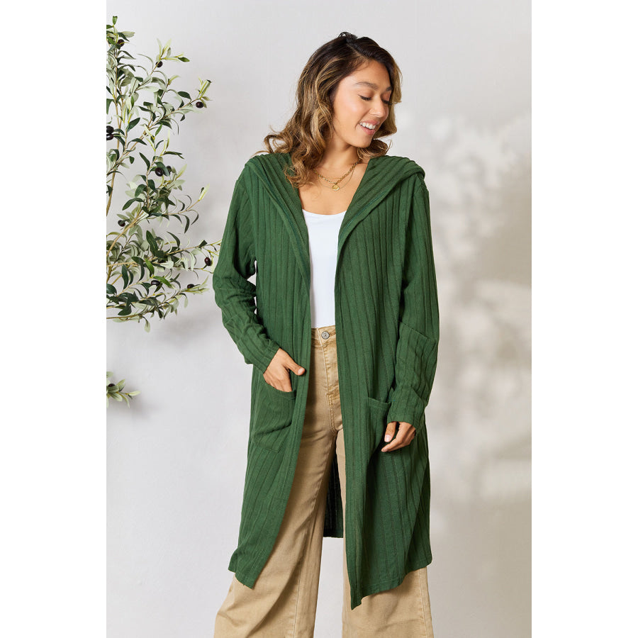 Basic Bae Full Size Hooded Sweater Cardigan Dark Green / S Apparel and Accessories