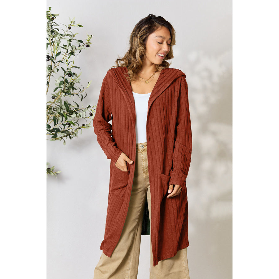 Basic Bae Full Size Hooded Sweater Cardigan Rust / S Apparel and Accessories
