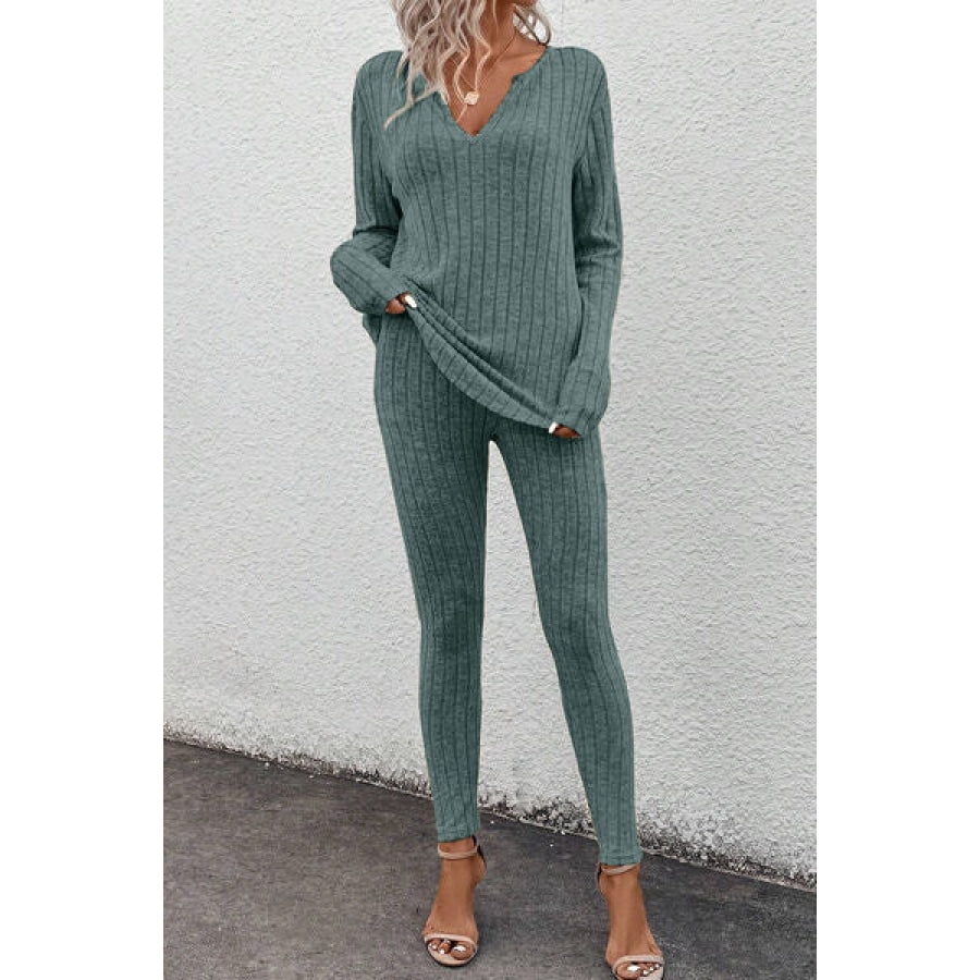 Basic Bae Full Size Notched Long Sleeve Top and Pants Set Apparel and Accessories