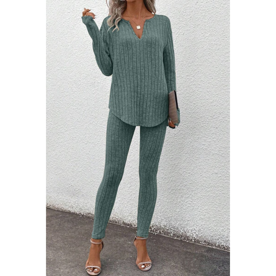 Basic Bae Full Size Notched Long Sleeve Top and Pants Set Apparel and Accessories
