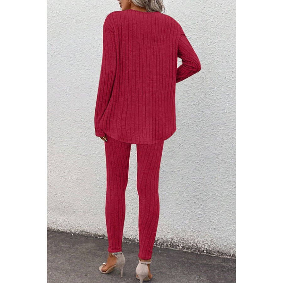 Basic Bae Full Size Notched Long Sleeve Top and Pants Set Deep Red / S Apparel and Accessories