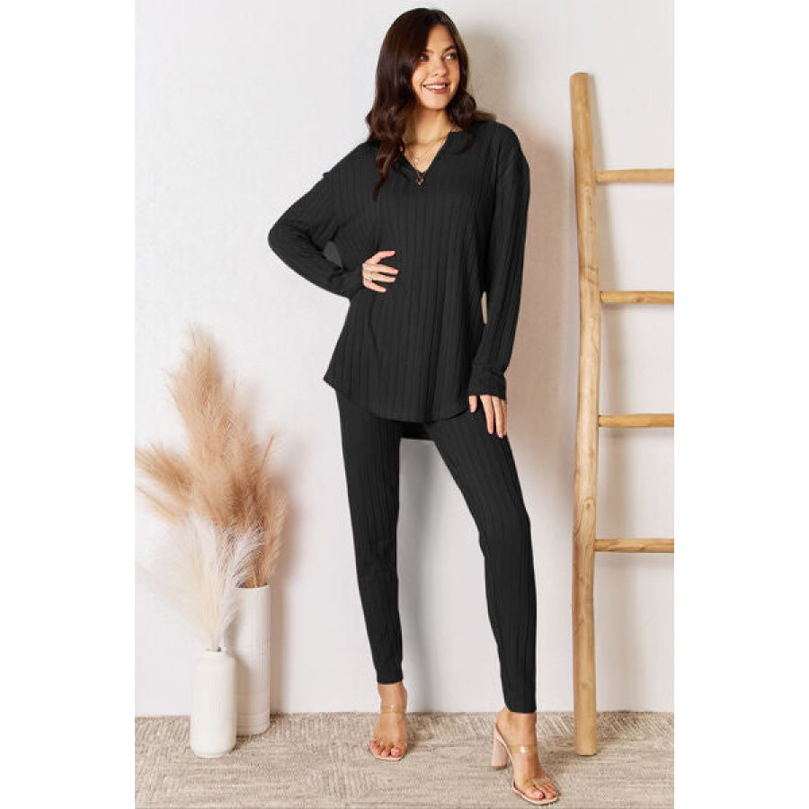 Basic Bae Full Size Notched Long Sleeve Top and Pants Set Black / S Apparel and Accessories
