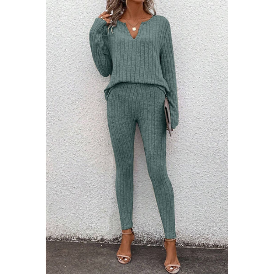Basic Bae Full Size Notched Long Sleeve Top and Pants Set French Blue / S Apparel and Accessories