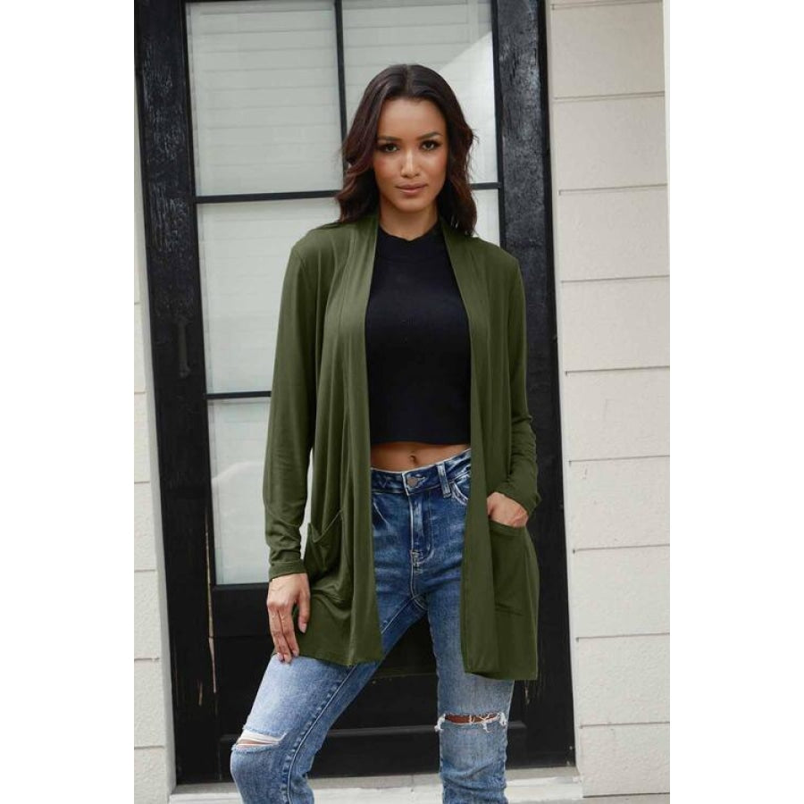 Basic Bae Full Size Open Front Long Sleeve Cardigan with Pockets Army Green / S