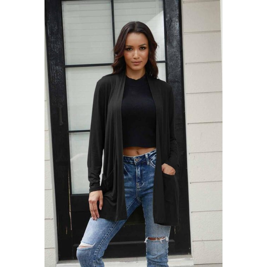 Basic Bae Full Size Open Front Long Sleeve Cardigan with Pockets Black / S