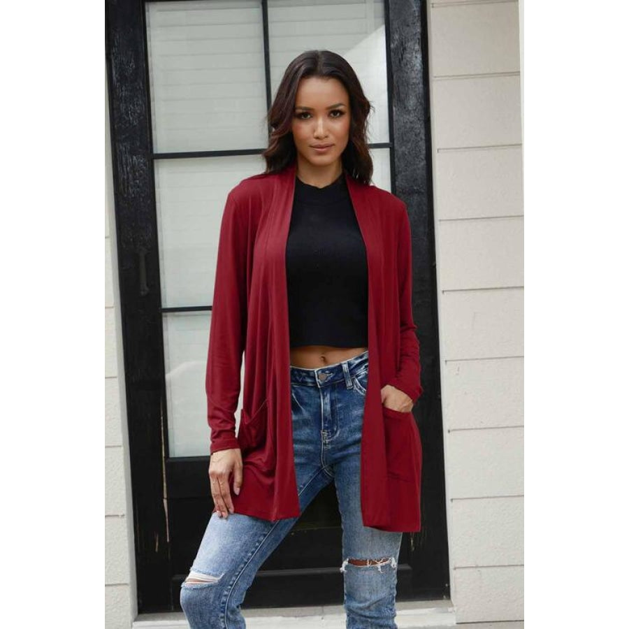 Basic Bae Full Size Open Front Long Sleeve Cardigan with Pockets Deep Red / S