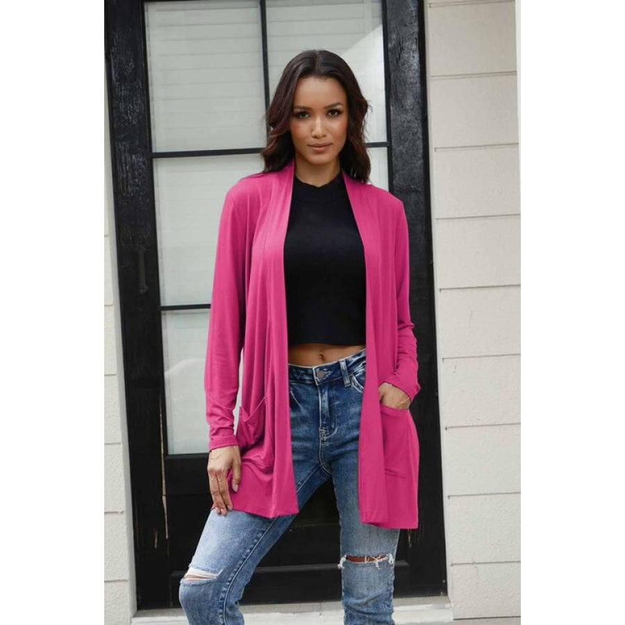 Basic Bae Full Size Open Front Long Sleeve Cardigan with Pockets Deep Rose / S