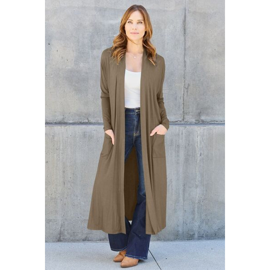 Basic Bae Full Size Open Front Long Sleeve Cover Up Chestnut / S Apparel and Accessories