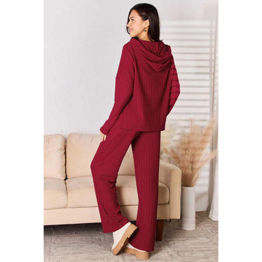 Basic Bae Full Size Ribbed Drawstring Hood Top and Straight Pants Set Deep Red / S Apparel and Accessories