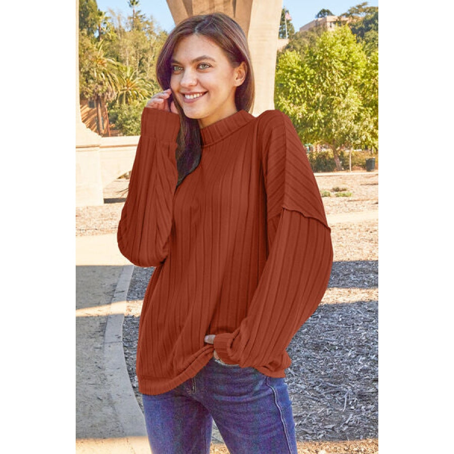 Basic Bae Full Size Ribbed Exposed Seam Mock Neck Knit Top Brick Red / S Clothing