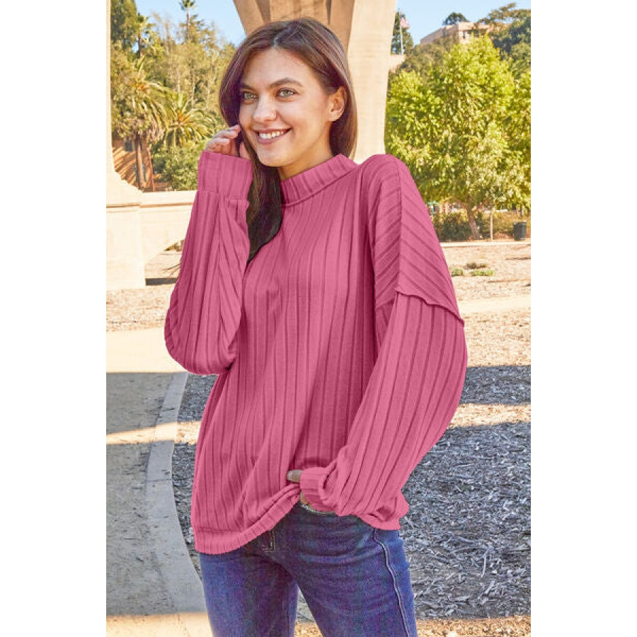 Basic Bae Full Size Ribbed Exposed Seam Mock Neck Knit Top Deep Rose / S Clothing