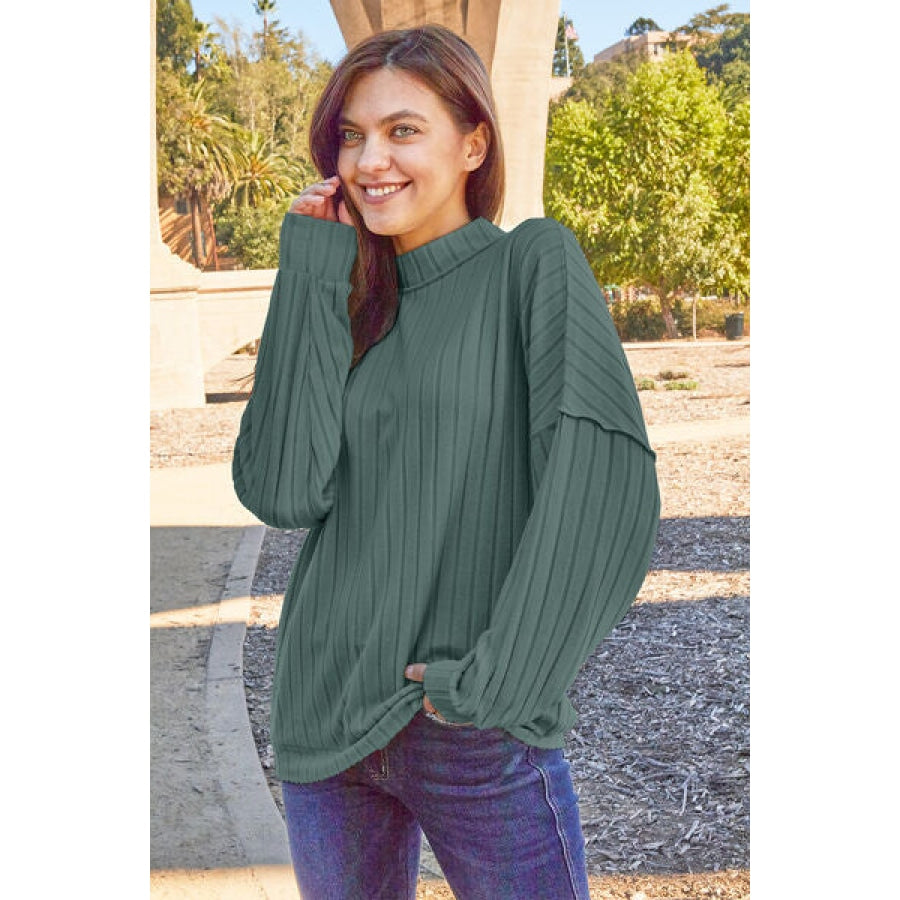 Basic Bae Full Size Ribbed Exposed Seam Mock Neck Knit Top Teal / S Clothing