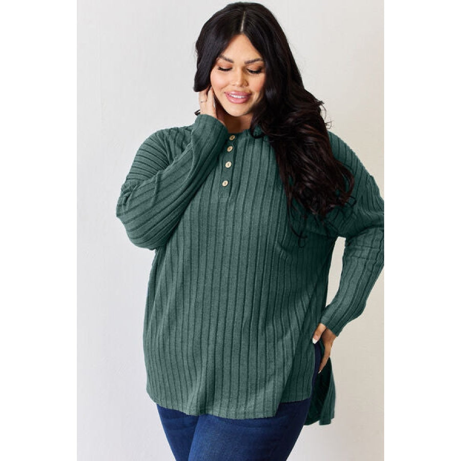 Basic Bae Full Size Ribbed Half Button Long Sleeve High-Low T-Shirt Apparel and Accessories