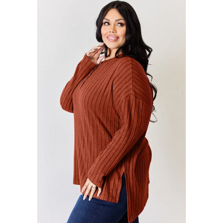 Basic Bae Full Size Ribbed Half Button Long Sleeve High-Low T-Shirt Apparel and Accessories