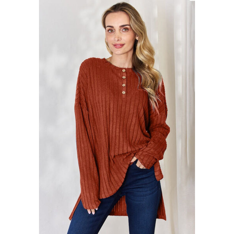 Basic Bae Full Size Ribbed Half Button Long Sleeve High-Low T-Shirt Brick Red / S Apparel and Accessories