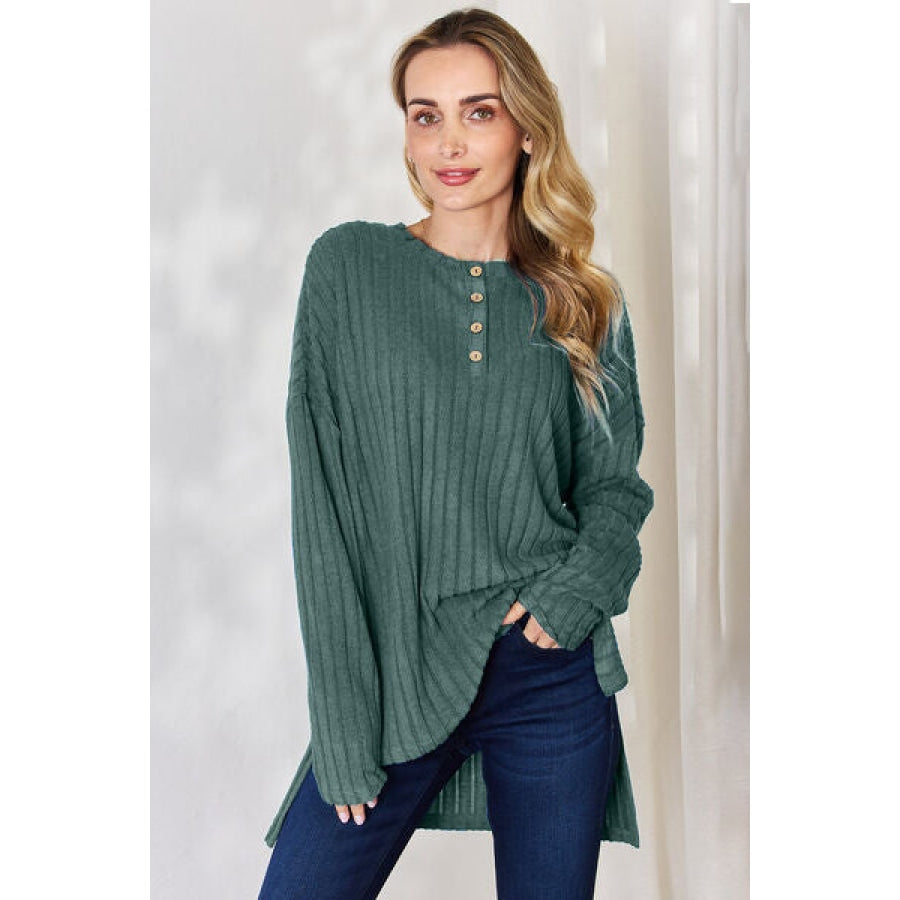 Basic Bae Full Size Ribbed Half Button Long Sleeve High-Low T-Shirt Gum Leaf / S Apparel and Accessories