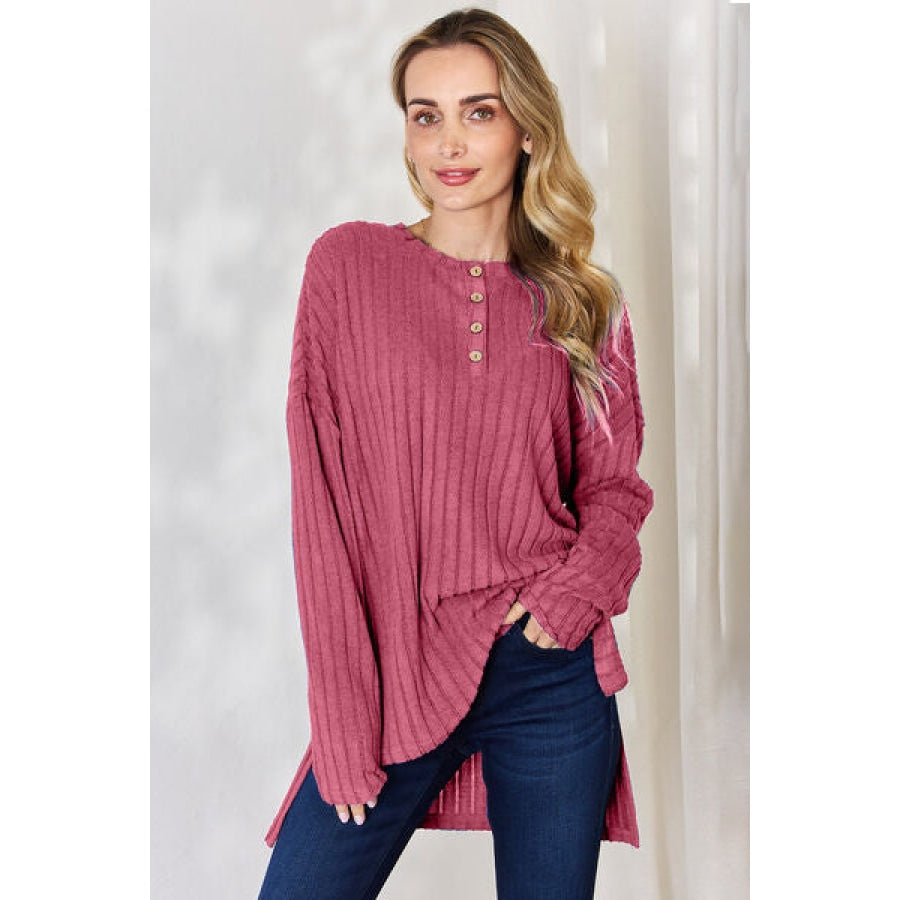 Basic Bae Full Size Ribbed Half Button Long Sleeve High-Low T-Shirt Hot Pink / S Apparel and Accessories