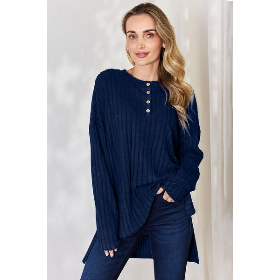Basic Bae Full Size Ribbed Half Button Long Sleeve High-Low T-Shirt Peacock Blue / S Apparel and Accessories