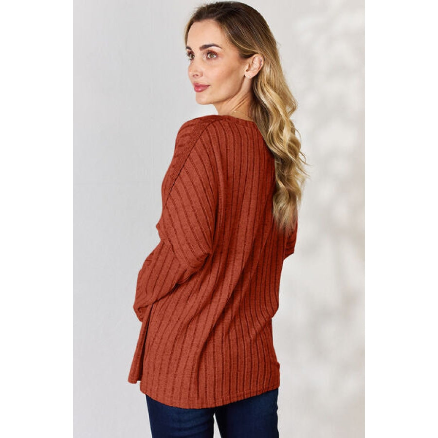 Basic Bae Full Size Ribbed Half Button Long Sleeve T-Shirt Brick Red / S Apparel and Accessories