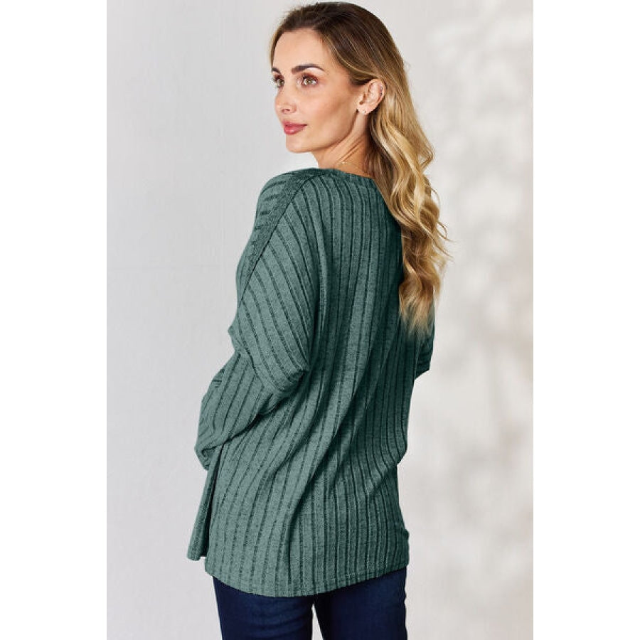 Basic Bae Full Size Ribbed Half Button Long Sleeve T-Shirt Apparel and Accessories