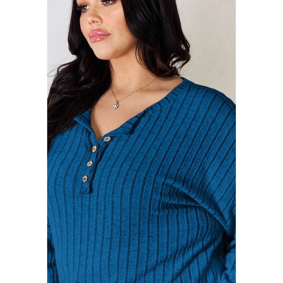 Basic Bae Full Size Ribbed Half Button Long Sleeve T-Shirt Apparel and Accessories