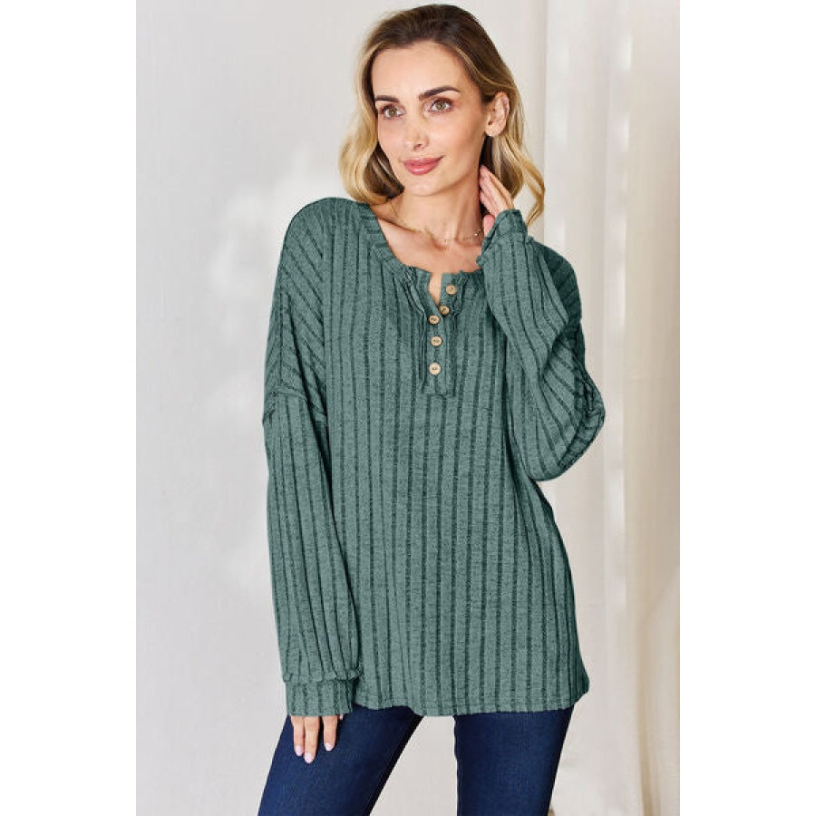 Basic Bae Full Size Ribbed Half Button Long Sleeve T-Shirt Gum Leaf / S Apparel and Accessories