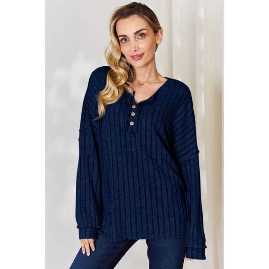 Basic Bae Full Size Ribbed Half Button Long Sleeve T-Shirt Peacock Blue / S Apparel and Accessories