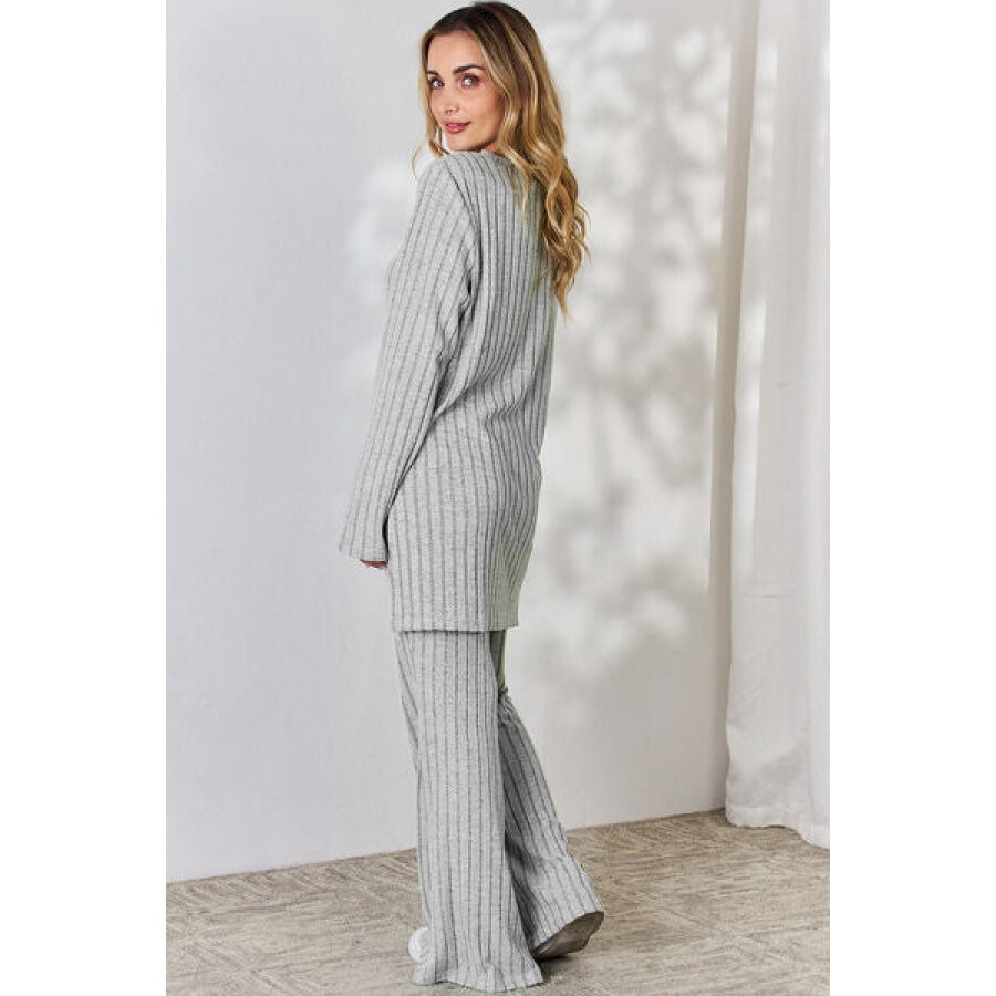 Basic Bae Full Size Ribbed High-Low Top and Wide Leg Pants Set Apparel and Accessories