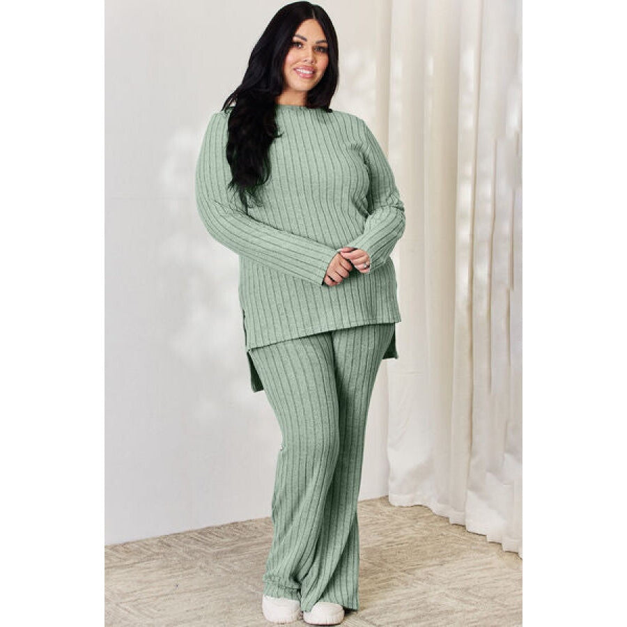 Basic Bae Full Size Ribbed High-Low Top and Wide Leg Pants Set Apparel and Accessories