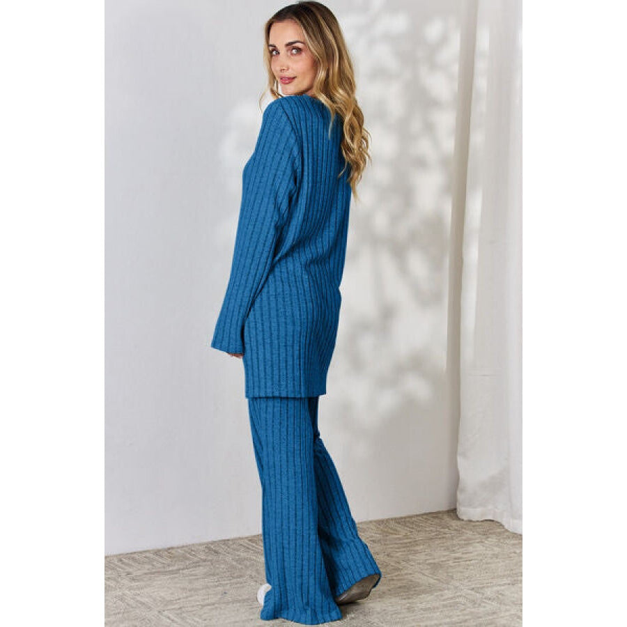 Basic Bae Full Size Ribbed High-Low Top and Wide Leg Pants Set Royal Blue / S Apparel and Accessories