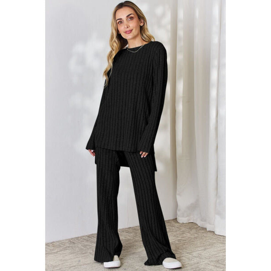 Basic Bae Full Size Ribbed High-Low Top and Wide Leg Pants Set Black / S Apparel and Accessories