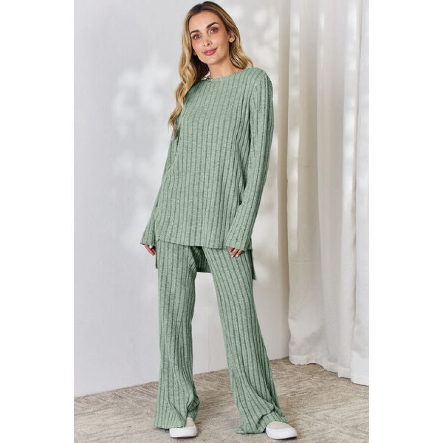 Basic Bae Full Size Ribbed High-Low Top and Wide Leg Pants Set Gum Leaf / S Apparel and Accessories