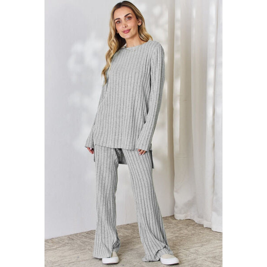 Basic Bae Full Size Ribbed High-Low Top and Wide Leg Pants Set Light Gray / S Apparel and Accessories
