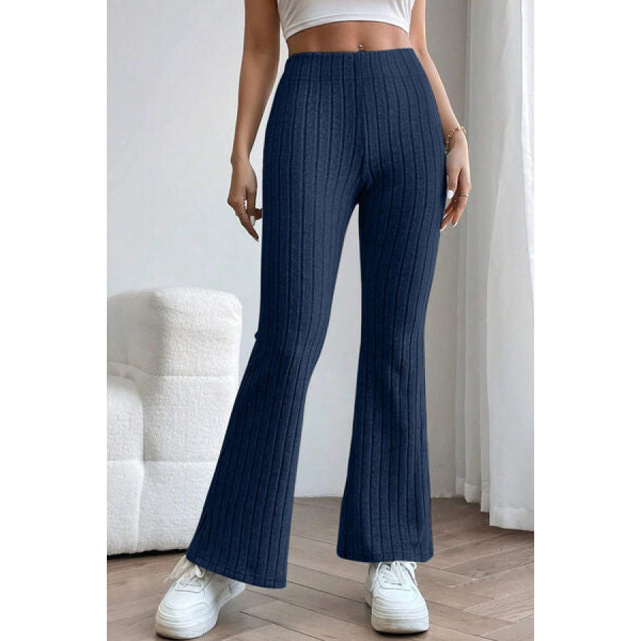 Basic Bae Full Size Ribbed High Waist Flare Pants Navy / S Apparel and Accessories