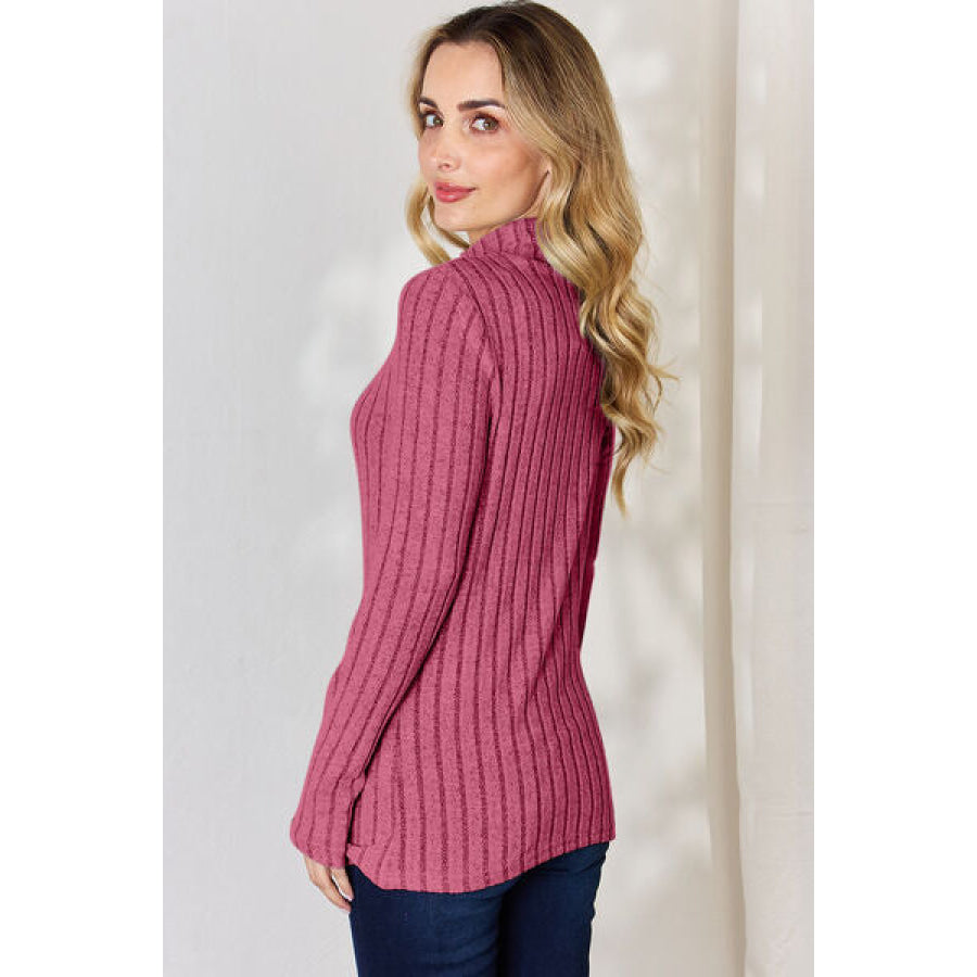 Basic Bae Full Size Ribbed Mock Neck Long Sleeve T-Shirt Hot Pink / S Apparel and Accessories