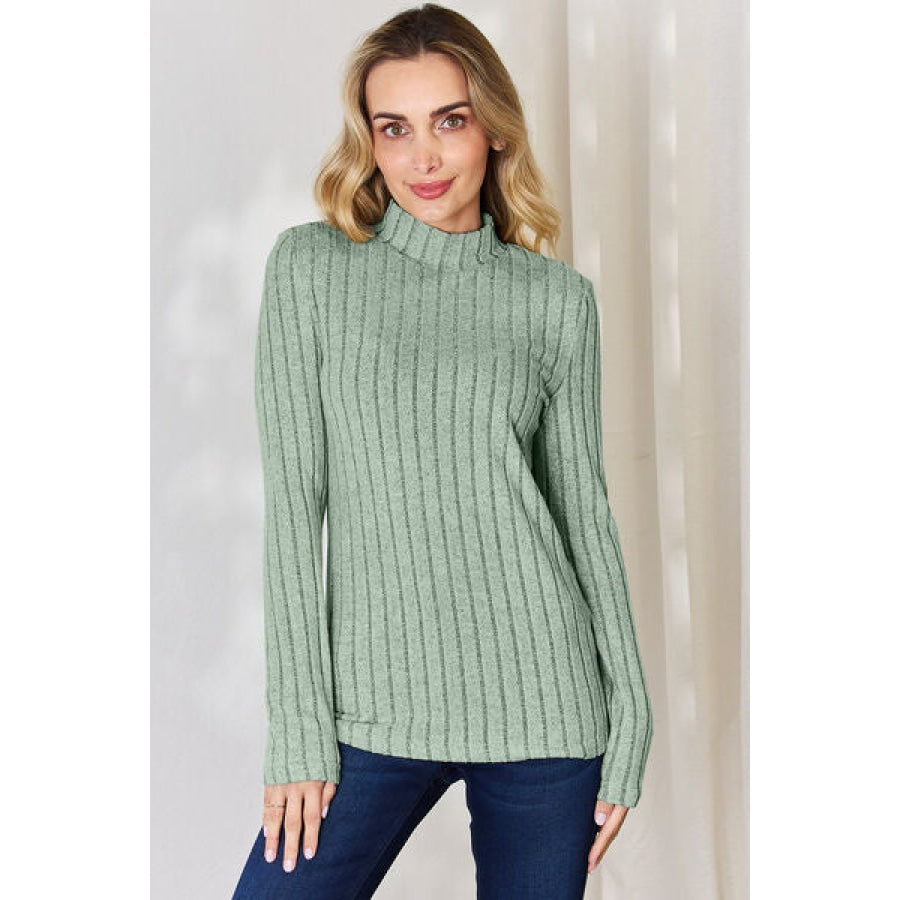 Basic Bae Full Size Ribbed Mock Neck Long Sleeve T-Shirt Gum Leaf / S Apparel and Accessories