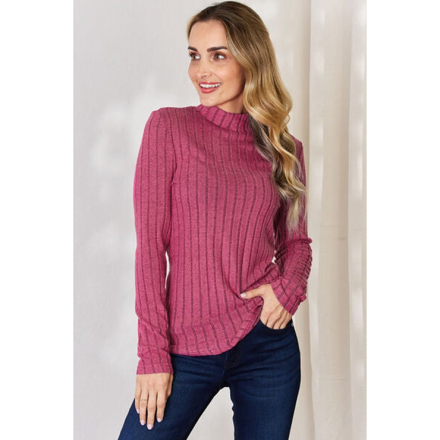 Basic Bae Full Size Ribbed Mock Neck Long Sleeve T-Shirt Hot Pink / S Apparel and Accessories