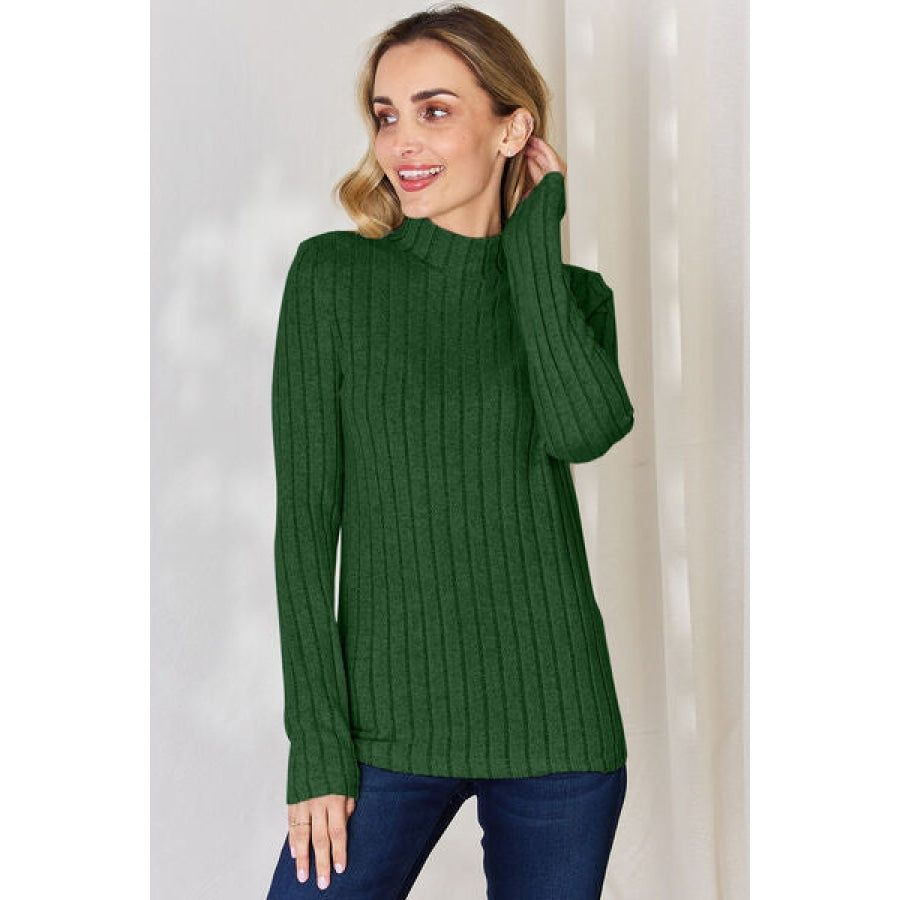 Basic Bae Full Size Ribbed Mock Neck Long Sleeve T-Shirt Mid Green / S Apparel and Accessories