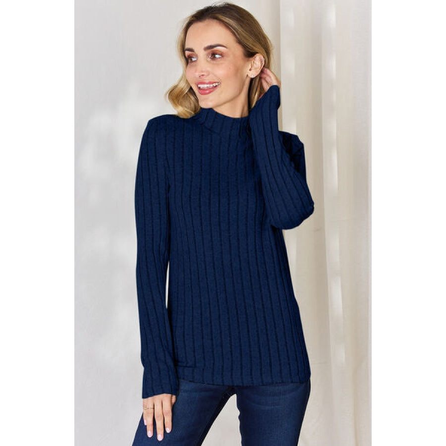 Basic Bae Full Size Ribbed Mock Neck Long Sleeve T-Shirt Peacock Blue / S Apparel and Accessories
