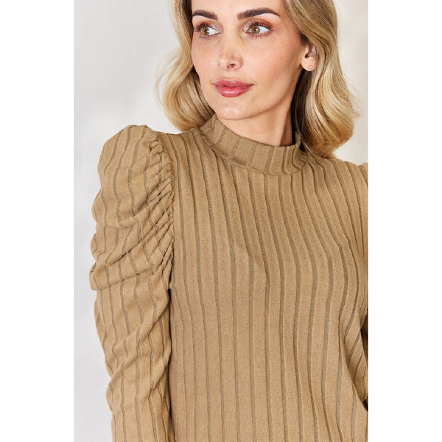 Basic Bae Full Size Ribbed Mock Neck Puff Sleeve T-Shirt Apparel and Accessories